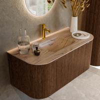 Badmeubel Mondiaz Kurve-Dlux | 100 cm | Meubelkleur Walnut | Wastafelkleur Arena | Solid surface | Wasbak midden spoelbak | 1 kraangat