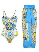 Vacation Abstract Printing Notched One Piece With Cover Up - thumbnail