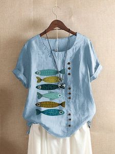 Short Sleeve Crew Neck Fish Print Top