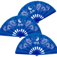 4x stuks handwaaiers/Tai Chi waaiers Yin Yang blauw polyester - thumbnail