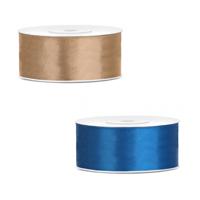 Bellatio decorations 2x rollen satijn cadeaulint/sierlint - 2.5 cm x 25 meter - blauw en goud