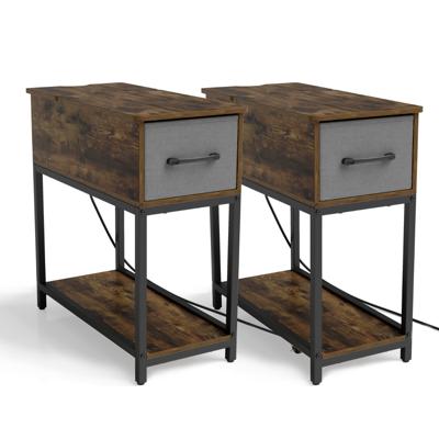 Bijzettafel met Oplaadstation en Ledverlichting Nachtkastje in Industriële Stijl met met Stof Beklede Lades en Open Planken (Set van 2)