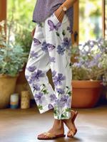 Women's  Elastic Band H-Line Straight Pants Going Out Casual Pocket Stitching Floral Summer Pant Blue Purple - thumbnail