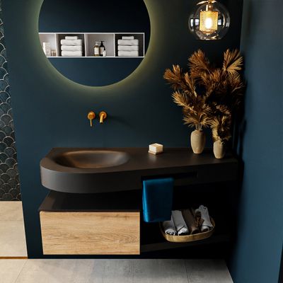 MONDIAZ RIVA 120cm badmeubel onderkast / planchet kleur Washed_Oak met 1 lade. Wastafel DULCET links 0 kraangaten kleur Urban.