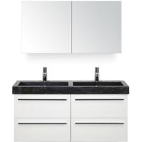 Seville Badmeubelset 120 cm - 4 Laden Wit Hoogglans - Wastafel Hardsteen Wit Lucca met Spiegelkast