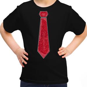 Verkleed t-shirt voor kinderen - glitter stropdas - zwart - meisje - carnaval/themafeest kostuum