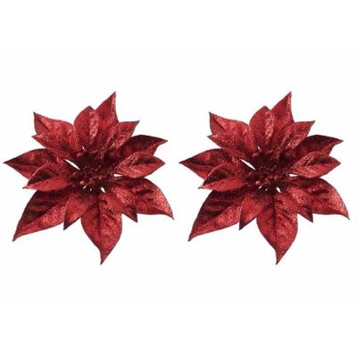 Cosy & Trendy Kerstboomversiering - 6x - bloem - op clip - rode kerstster - 18 cm
