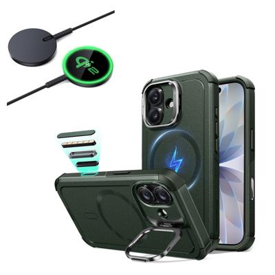 iPhone 17 Bundle Cyber Tough Magnetic Case (Camera Control, Stash Stand) and Magnetic Charging Pad (Qi2) - Olive Green