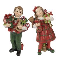 Clayre & Eef Decoratie Beeld Kinderen set van 2 / 13 cm Rood Groen Polyresin Kerstdecoratie Rood Kerstdecoratie