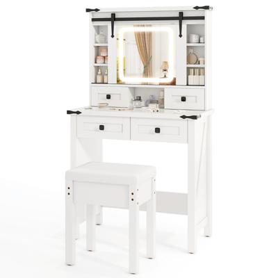 Kaptafel en Kruk Set met Verlichting en Schuifspiegel LED Verlichting Zijkast 4 Lades Verstelbare Opbergplanken Wit