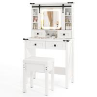 Kaptafel en Kruk Set met Verlichting en Schuifspiegel LED Verlichting Zijkast 4 Lades Verstelbare Opbergplanken Wit