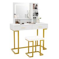 Kaptafel Set met Grote Spiegel Make-Up Tafel met Beklede Kruk en Verlichte LED-Verlichting 2 Lades Opbergplanken Stalen Poten Wit