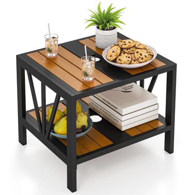Bijzettafel voor Buiten met Gat voor Parasol Metalen Terrastafel met 2 Niveaus en Opbergplank Kleine Bistrotafel voor Balkon Terras