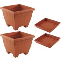 Plantenbak en opvangschotel set - 2x - vierkant - kunststof - 35 x 35 x 28 cm - bloempot