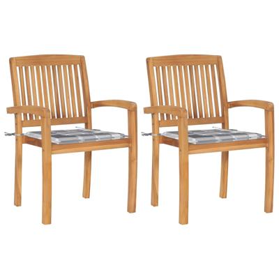 Tuinstoelen 2 st met grijs geruite kussens massief teakhout