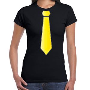Verkleed t-shirt voor dames - stropdas geel - zwart - carnaval - foute party - verkleedshirt