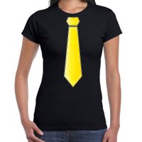 Verkleed t-shirt voor dames - stropdas geel - zwart - carnaval - foute party - verkleedshirt