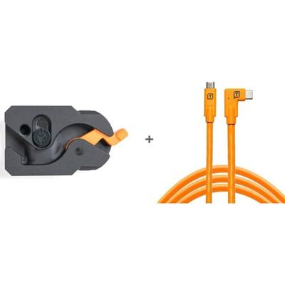 Tether Tools TetherGuard USB-C to USB-C 4.6m LeverLock & Cable Kit, straight to right, high visibility orange