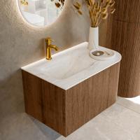 Mondiaz KURVE-DLUX 75 cm Onderkast Greeploos 1 Lade Met Deuren Walnut, Wastafel Solid Surface Links Ostra 1 Kraangat Zonder Spiegel (KRVGRU75R1L1D1KL-Wal/Ost)