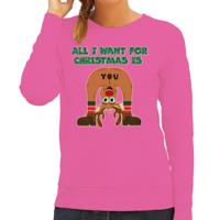 Foute Kersttrui/sweater voor dames - All I Want is - roze - blote kont - rendier - hilarisch - thumbnail