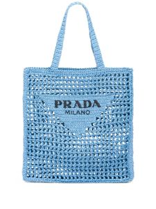 Prada sac cabas en raphia à logo brodé - Bleu