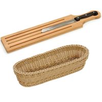 Bamboe houten broodplank/snijplank/serveerplank met broodmes 50 x 10 cm en broodmandje van 41 cm - Snijplanken - thumbnail