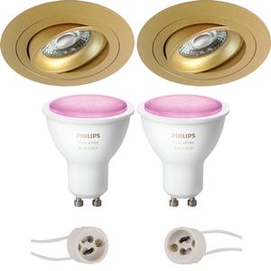 Pragmi Alpin Pro - Inbouw Rond - Mat Goud - Kantelbaar - Ø92mm - Philips Hue - LED Spot Set GU10 - White and Color Ambiance - Bluetooth