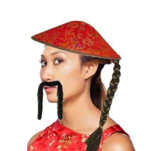 Chinees Aziatische verkleedset - hoed met vlecht en lange plaksnor - Carnaval verkleed accessoires