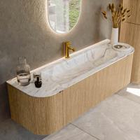 Badmeubel Mondiaz Kurve-Dlux | 150 cm | Meubelkleur Oak | Wastafelkleur Glace | Solid surface | Midden spoelbak | 1 kraangat