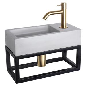Differnz Ravo fonteinset beton lichtgrijs - kraan gebogen - met handdoekrek - 38.5 x 18.5 x 9 cm - mat goud