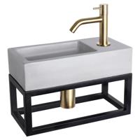 Differnz Ravo fonteinset beton lichtgrijs - kraan gebogen - met handdoekrek - 38.5 x 18.5 x 9 cm - mat goud