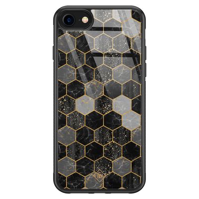 iPhone 8/7 glazen hardcase - Hexagons zwart