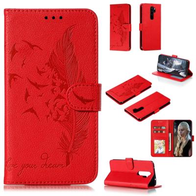 Voor Xiaomi Redmi Note 8 Pro Feather patroon Litchi textuur horizontale Flip lederen draagtas met houder & portemonnee & kaartsleuven (rood)
