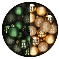 28x stuks kleine kunststof kerstballen goud en donkergroen 3 cm - thumbnail