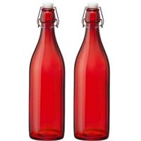 Bormioli rocco waterfles met beugeldop - Set van 2x stuks - rood transparant - 1000 ml - Giara home - thumbnail