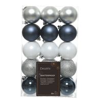 Decoris kerstballen - 30x - donkerblauw/wit/zilver - 6 cm -kunststof - Kerstbal