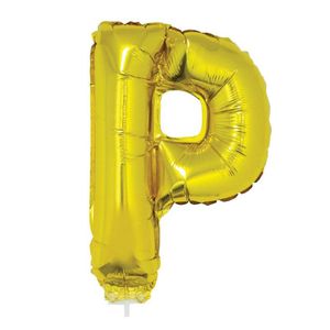 Gouden opblaas letter ballon P op stokje 41 cm