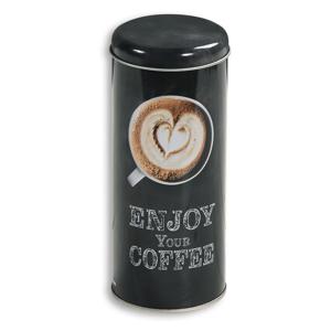 Koffie bewaarblik voor pads - Enjoy your coffee - metaal - zwart - drukdeksel - D8 x H17 cm