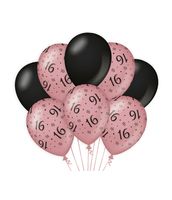 Ballonnen 16 Jaar Roze/Zwart (8st)