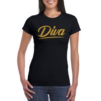 Diva goud tekst t-shirt zwart dames - Glitter en Glamour goud party kleding shirt - thumbnail