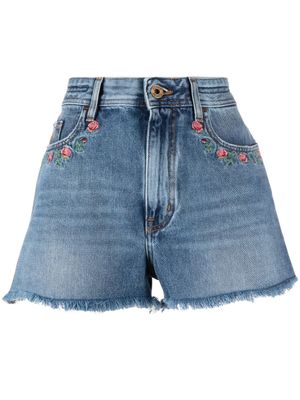 Jacob Cohën short en jean à fleurs brodées - Bleu