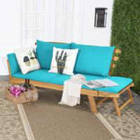 Patio Slaapbank Acacia Houten Dagbed met Verstelbare Armleuning Opvouwbare Chaise Longue met Kussens Buiten Loveseat Turquoise - thumbnail