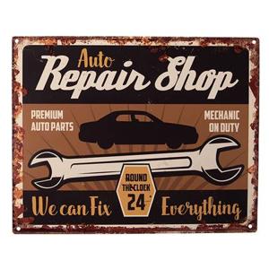 Clayre & Eef Tekstbord 25x20 cm Bruin Ijzer Auto Repair shop Wandbord