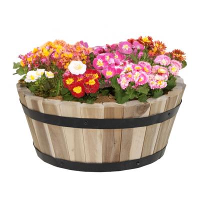 Plantenbak/bloempot Barrel - acacia hout - bruin - D29 x H18 cm