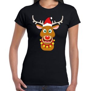 Foute Kerst t-shirt rendier Rudolf rode muts zwart dames