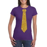 Paars fun verkleed t-shirt - met stropdas - in glitter goud - dames - korte mouwen