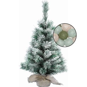 Kleine kerstboom met sneeuw -incl. verlichting bollen mix groen/lichtroze - H60 cm