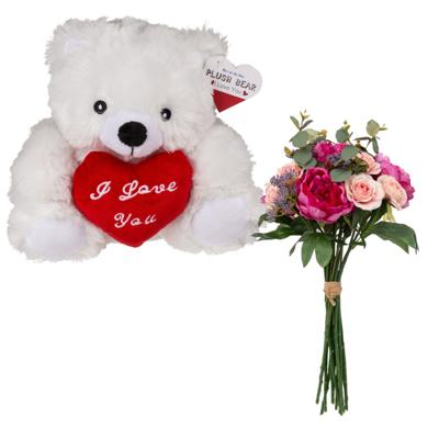 Valentijnscadeau - Beertje en bloemenboeket - kunstbloem - cadeau - romantisch
