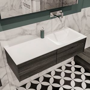 Mondiaz Lush Cloud badmeubel eiken donker bruin 120 cm 2 lades solid surface enkele spoelbak rechts zonder kraangat