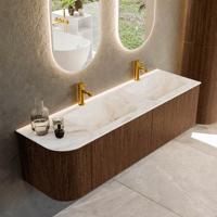Badmeubel Mondiaz Kurve-Dlux | 155 cm | Meubelkleur Walnut | Wastafelkleur Frappe | Solid surface | Dubbele spoelbak | 2 kraangaten